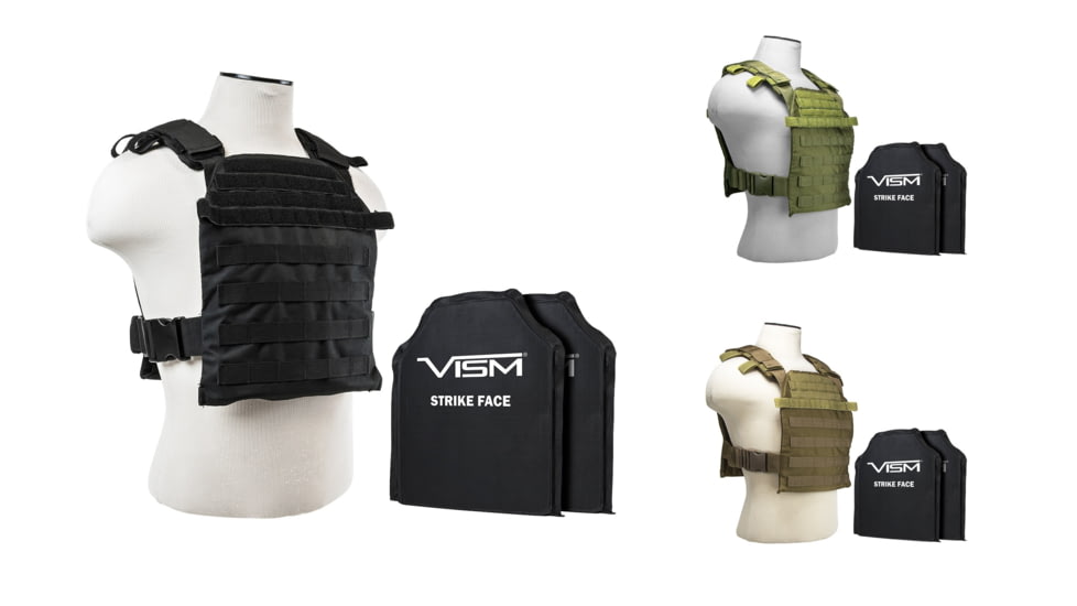 Vism Fast Plate Carrier w/2 10x12in Level IIIA Shooters Cut Soft Ballistic Panels, Black, Green, Tan