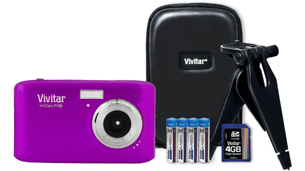 Vivitar 14.1 Megapixel F128 HD Digital Camera Kit w/4 GB Card, Case, Tripod - Purple VF128-PUR/KIT-PR
