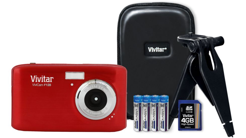 Vivitar 14.1 Megapixel F128 HD Digital Camera Kit w/4 GB Card, Case, Tripod - Red VF128-RED/KIT-PR