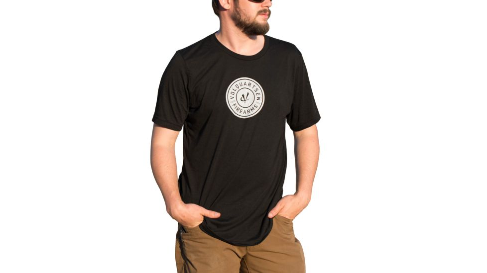 Volquartsen Firearms T-Shirt w/ Volquartsen Firearms White Logo, 50% Poly, Retail fit, Sideseamed - Men's, Black, Large, VCATS-L
