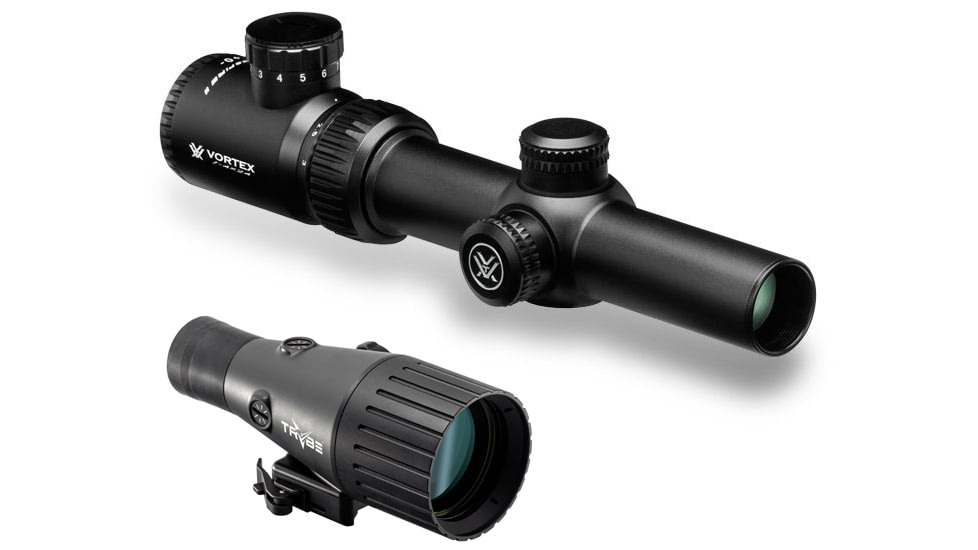 Vortex Crossfire II 1-4x24mm Rifle Scope, 30 mm Tube, SFP, V-Brite Reticle, Anodized Black w/ TRYBE Optics Enhancer Magnification Quadrupler, CF2-31037-KIT2