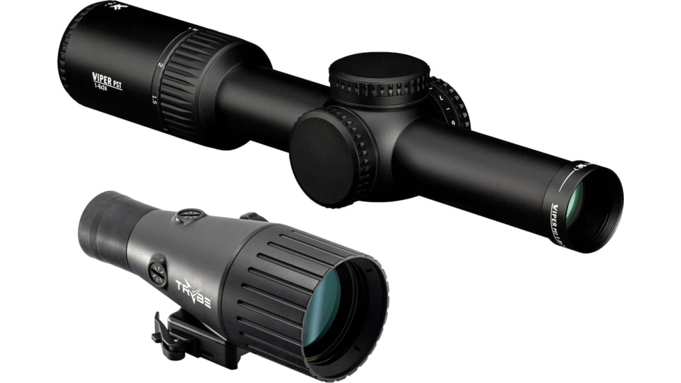 Vortex Viper PST Gen II 1-6x24mm Rifle Scope, 30mm Tube, Second Focal Plane, Red VMR-2 MOA Reticle and TRYBE Optics Enhancer Rifle Scope Magnification Quadrupler