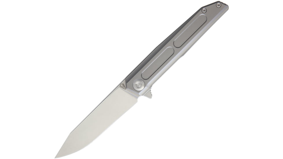Vouking Knives Samgun Framelock Folding Knife, 4.25in Closed, 3.5in Stonewash 12C27 Sandvik SS Drop Point, Bead Blast Finish Titanium Handle, Pocket Clip, TS05BLS