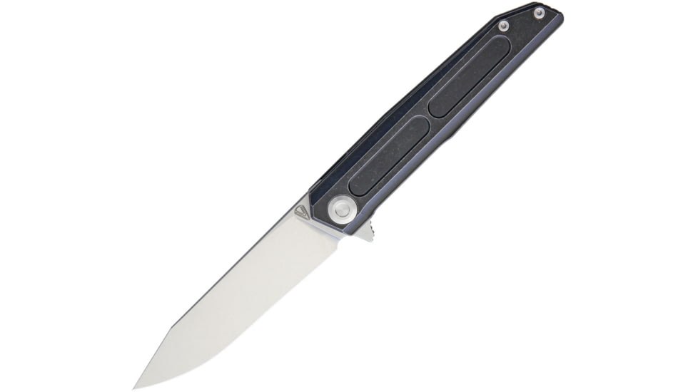 Vouking Knives Samgun Framelock Folding Knife, 4.25in Closed, 3.5in Stonewash 12C27 Sandvik SS Drop Point, Black Tumbled Finish Titanium Handle, Pocket Clip, TS05BLC