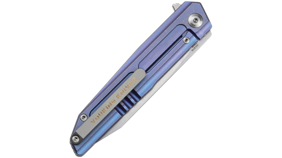 Vouking Knives Samgun Framelock Folding Knife, 4.25in Closed, 3.5in Stonewash 12C27 Sandvik SS Drop Point, Blue Anodized Titanium Handle, Pocket Clip, TS05BLU