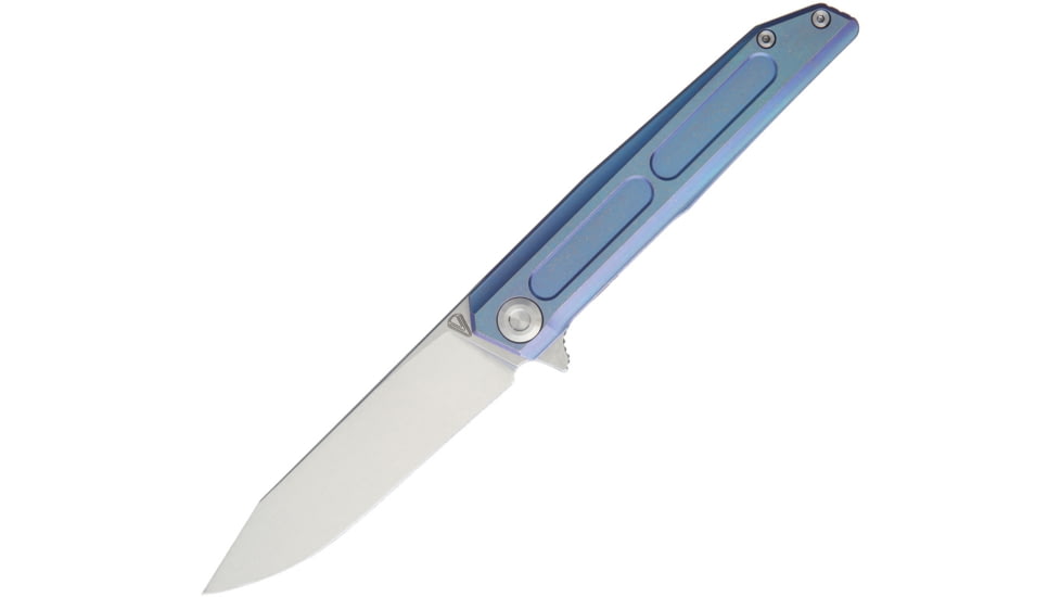 Vouking Knives Samgun Framelock Folding Knife, 4.25in Closed, 3.5in Stonewash 12C27 Sandvik SS Drop Point, Blue Anodized Titanium Handle, Pocket Clip, TS05BLU