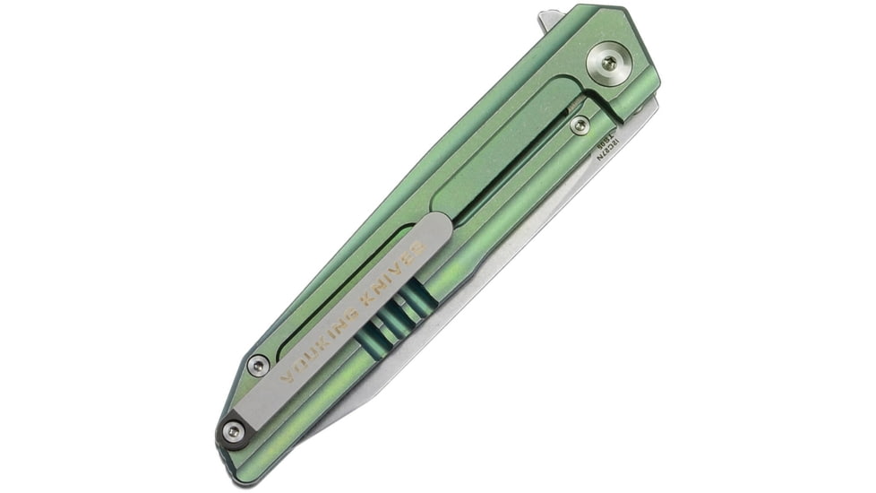 Vouking Knives Samgun Framelock Folding Knife, 4.25in Closed, 3.5in Stonewash 12C27 Sandvik SS Drop Point, Green Anodized Titanium Handle, Pocket Clip, TS05GRN