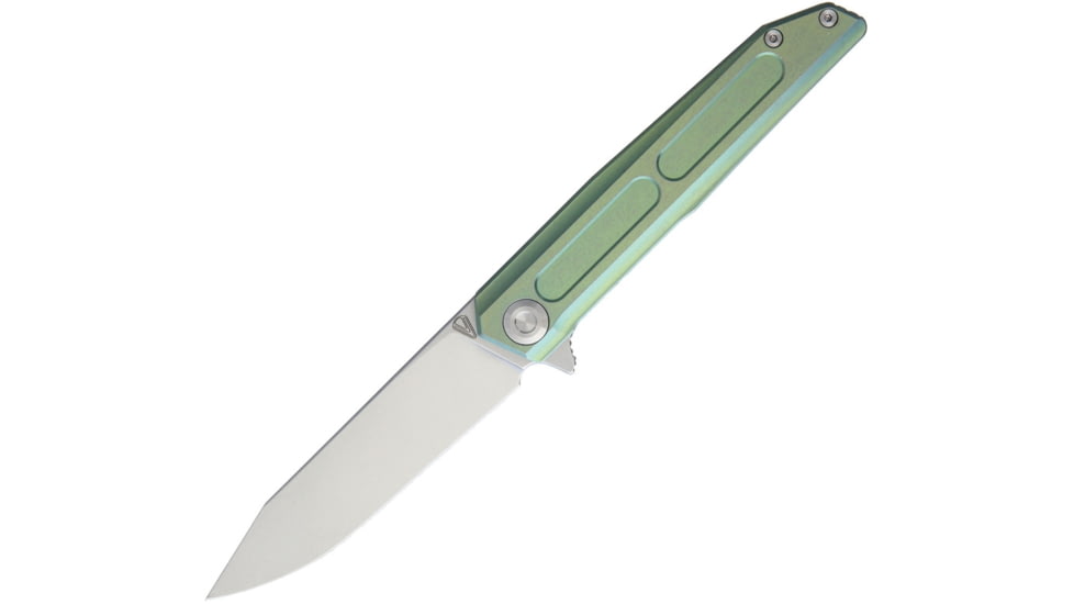 Vouking Knives Samgun Framelock Folding Knife, 4.25in Closed, 3.5in Stonewash 12C27 Sandvik SS Drop Point, Green Anodized Titanium Handle, Pocket Clip, TS05GRN