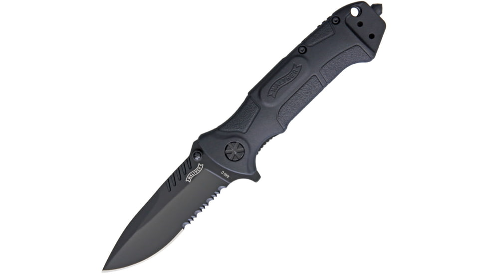Walther BTK 2 Tac Linerlock Folding Knife, 4.75in Closed, 3.25in Black Partially Serrated 440C SS Drop Point, Black Nylon Handle, Glass Breaker, Pocket Clip, Black Nylon Belt Sheath, Black, 5.0786-US