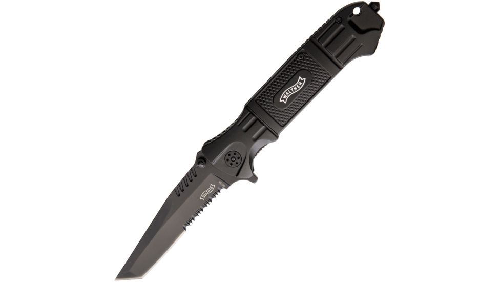 Walther BTTK Black Tac Tanto Folding Knife,4in,440 Stainless Steel,Partially Serrated,Tanto,Black Aluminum Handle WAL50716