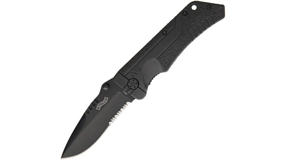 Walther PPX Linerlock Folding Knife,3.5in,440C Steel,Partially Serrated,Spear Point,Black Synthetic Handle WAL50766