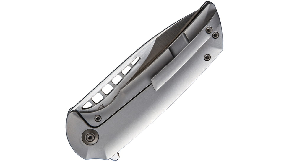We Knife Co Ltd Malice Framelock Gray Folding Knife, 4.63in Closed, 3.5in Satin Bohler M390 SS Blade, Gray Titanium Handle, Pocket Clip, Black Nylon Zippered Storage Case, Gray, 911A