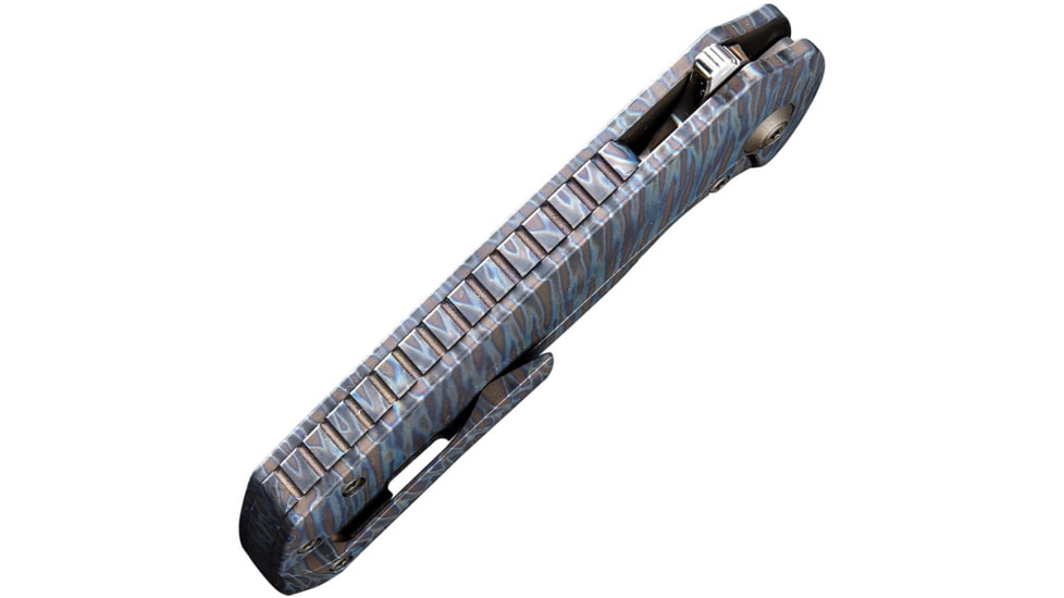 We Knife Co Ltd Malice Framelock Gray Folding Knife, 4.63in Closed, 3.5in Satin M390 SS Blade, Titanium Handle, Pocket Clip, Marbled Blue/Bronze Finish Handle, Black Nylon Zippered Case, 911B