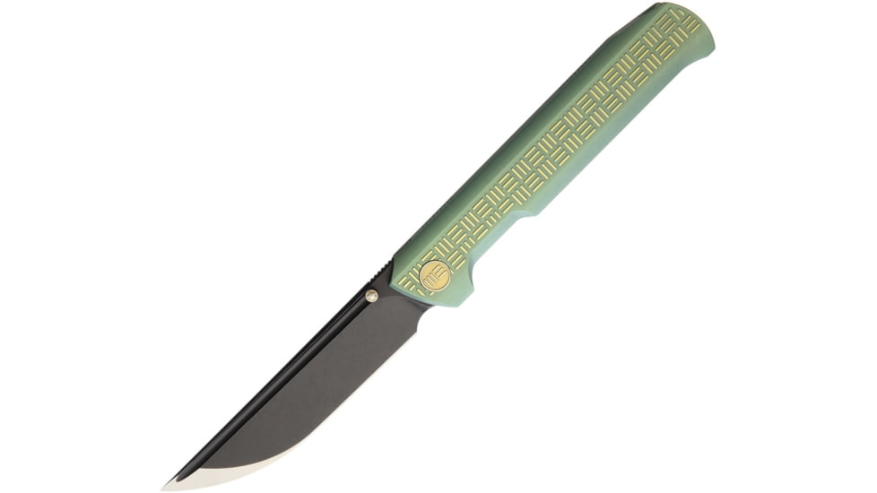 We Knife Co Ltd Model 710 Straight Up Folding Knife, Framelock, 5in Closed, 4in Black Bohler M390 SS Drop Point, Green Textured Titanium Handle, Green, 710E