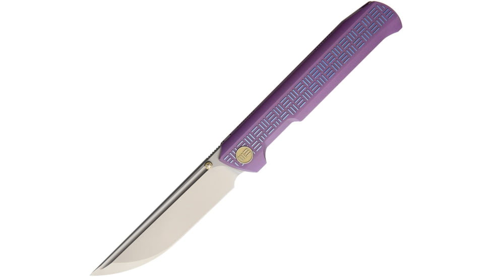 We Knife Co Ltd Model 710 Straight Up Folding Knife, Framelock, 5in Closed, 4in Satin M390 SS Drop Point, Purple Textured Titanium Handle, Pocket Clip, Black Nylon Zippered Case, Purple, 710B