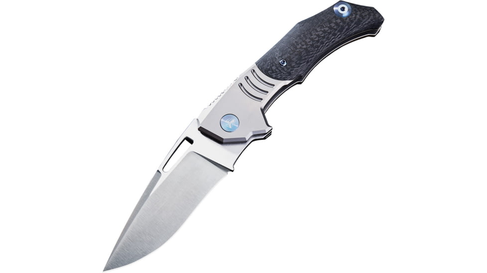 We Knife Co Ltd Stixx Framelock Folding Knife, 4.63in Closed, 3.5in Satin M390 SS Drop Point, Gray Titanium Handle w/Carbon Fiber Inlay, Thumb Pull, Pocket Clip, Black Nylon Zippered Case, Gray, 817C