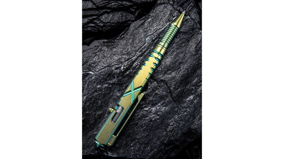 We Knife Co Ltd Tactical Pen, 5in Overall, Glass Breaker, Pocket Clip, Bolt Action Open/Close, Blue Plastic Storage Case, Titanium Construction, Green, Green, TP02B