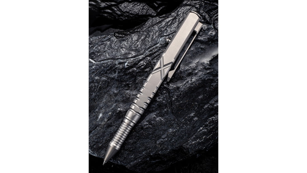We Knife Co Ltd Tactical Pen, 5in Overall, Pocket Clip, Glass Breaker, Bolt Action Open/Close, Blue Plastic Storage Case, Titanium Construction, Gray, Gray, TP02C