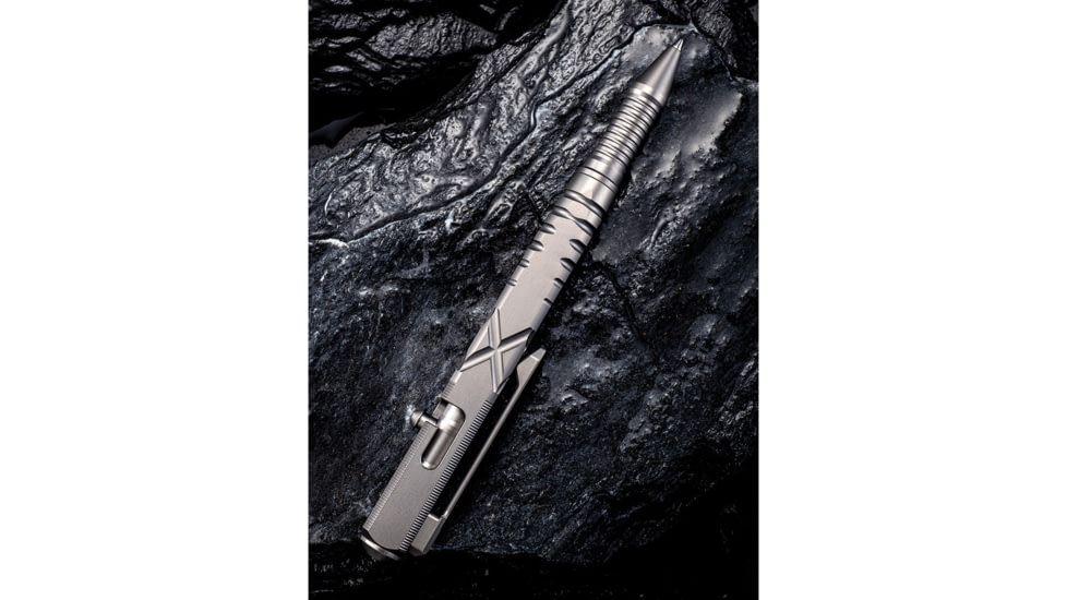 We Knife Co Ltd Tactical Pen, 5in Overall, Pocket Clip, Glass Breaker, Bolt Action Open/Close, Blue Plastic Storage Case, Titanium Construction, Gray, Gray, TP02C