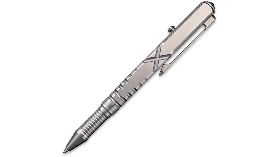 We Knife Co Ltd Tactical Pen, 5in Overall, Pocket Clip, Glass Breaker, Bolt Action Open/Close, Blue Plastic Storage Case, Titanium Construction, Gray, Gray, TP02C