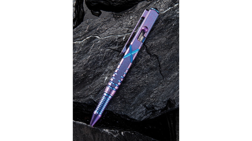 We Knife Co Ltd Tactical Pen, 5in Overall, Pocket Clip, Glass Breaker, Bolt Action Open/Close, Blue Plastic Storage Case, Titanium Construction, Purple, Purple, TP02A