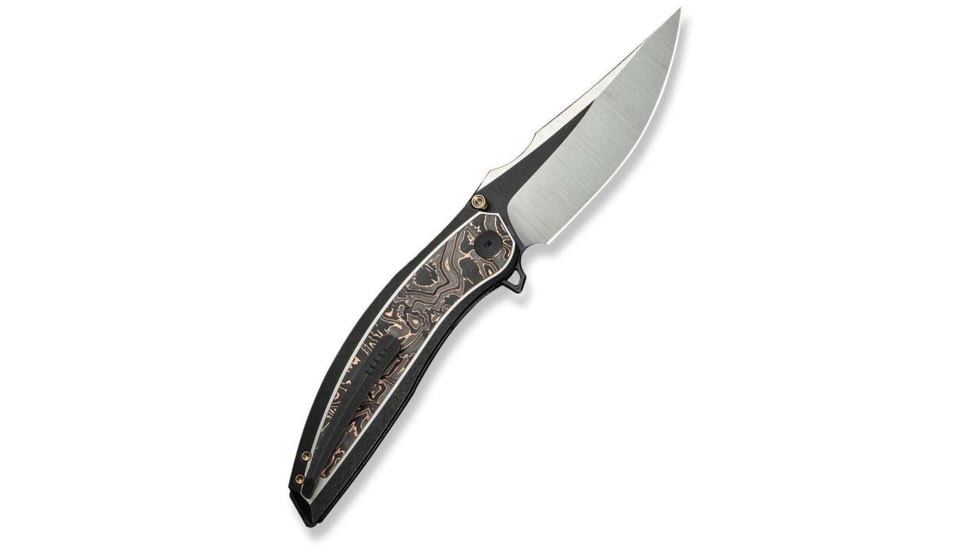 We Knife Co Ltd Weknife Quinseris Flipper &amp; Thumb Stud Knife Black Titanium Handle With Copper Foil Carbon Fiber Inlay 3.96inch Hand Polished Satin Bohler M390 Blade, Black Stonewashed Flat We23093-1 - WE23093-1
