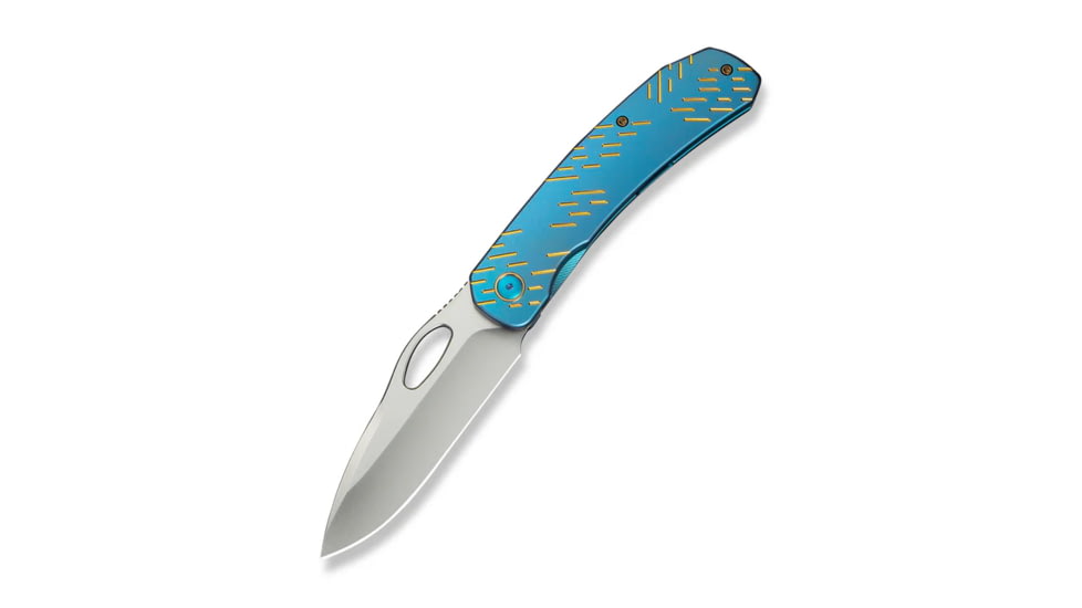 WEKNIFE Inmate Front Flipper &amp; Thumb Hole Knife Blue Titanium Handle With Golden Raindrops (3.7" Satin Finished CPM 20CV Blade)