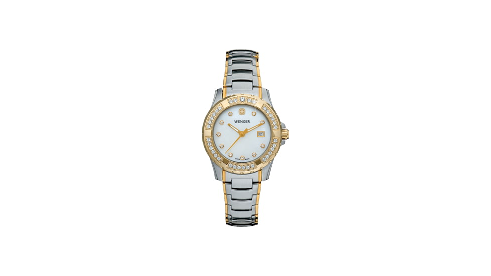 Wenger Ladies Sport Swiss Watch w/ white dial, crystal markers and bezel bi colored bracelet 70376