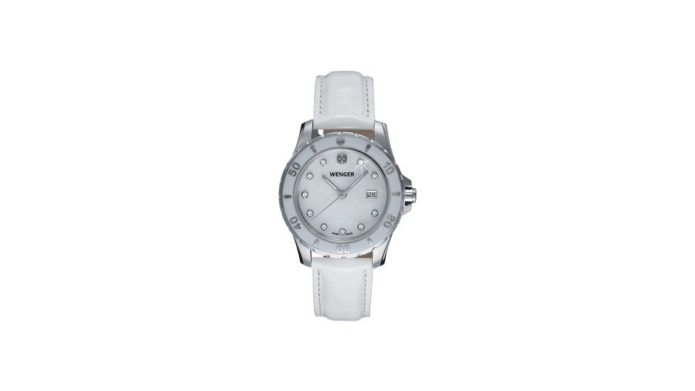 Wenger Ladies Sport Swiss Watch  w/ white Mother of Pearl dial with cyrstals, white Leather strap 70381