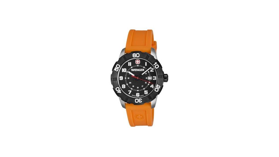 Wenger Mens Roadster Sport Watch w/ Black Dial, Black PVD Bezel, Orange Rubber Strap 851.106