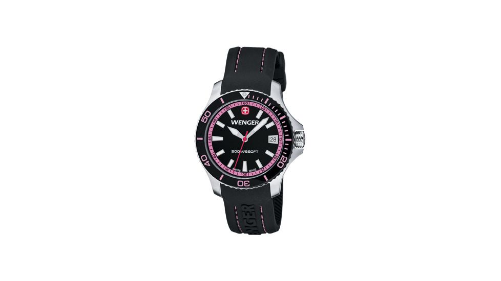 Wenger Sea Force Black &amp; Pink Dial &amp; Pink Bezel Black Silicone Strap 621103