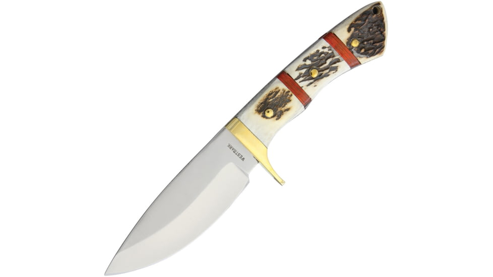 Westmark Knife, 10.25in Overall, 5in Satin SS Drop Point, Stag Bone Handle, Brass Guard, Brown Leather Sheath, WM012
