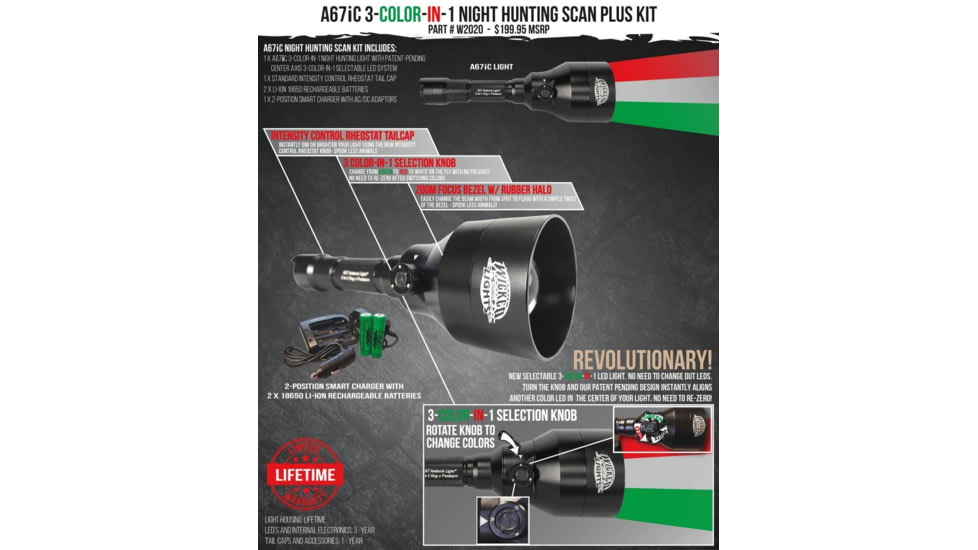 Wicked Hunting Lights A67iC 3-Color-In-1 Scan Plus Kit, Green/Red/White, W2020