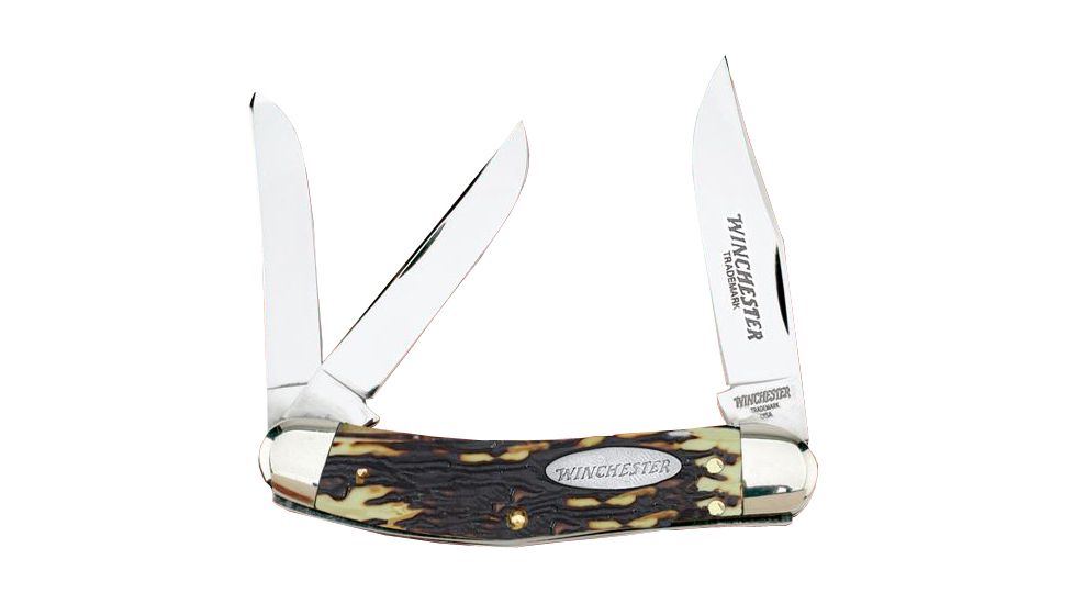 Winchester Knives 3 3/4in, 3 Blade Three Backspring Whittler w/ Stag Delrin Handle, Box W 40 14088 B