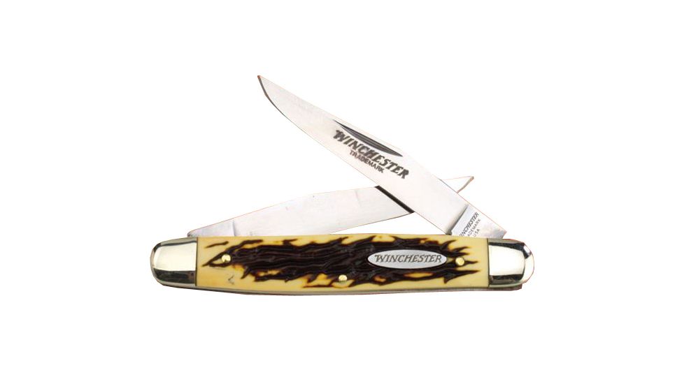 Winchester Knives 3 7/8in, 2 Blade Buckstag Muskrat w/ Two Clip Blades, Stag Delrin Handle, Winchester Oval Stamped Shield, Box W 40 14027 B