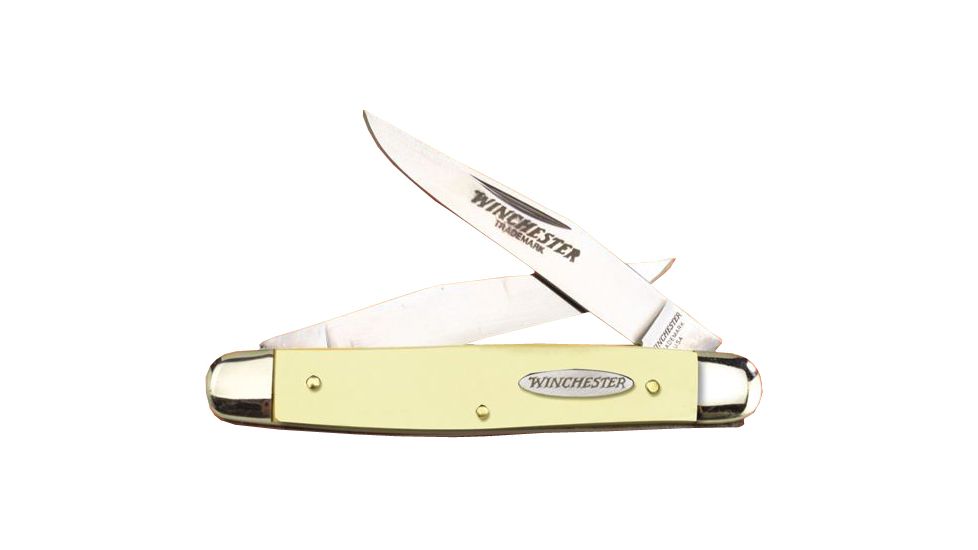 Winchester Knives 3 7/8in, 2 Blade Buckstag Muskrat w/ Two Clip Blades, Yellow Delrin Handle, Box W 40 14027 YB