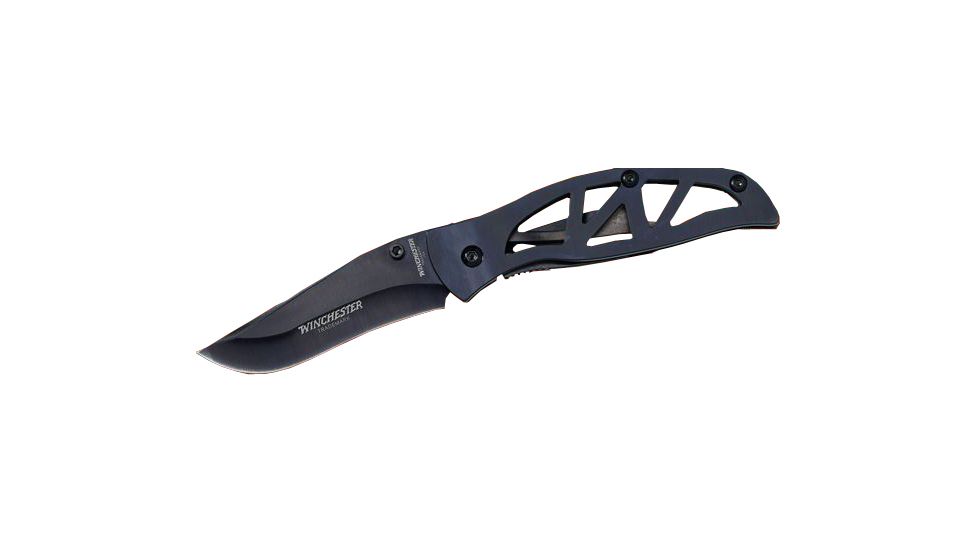 Winchester Knives 4 1/2in, 1 Blade Body Lock Knife, Black Titanium Winchester Handle, Clam Pack W 40 14009