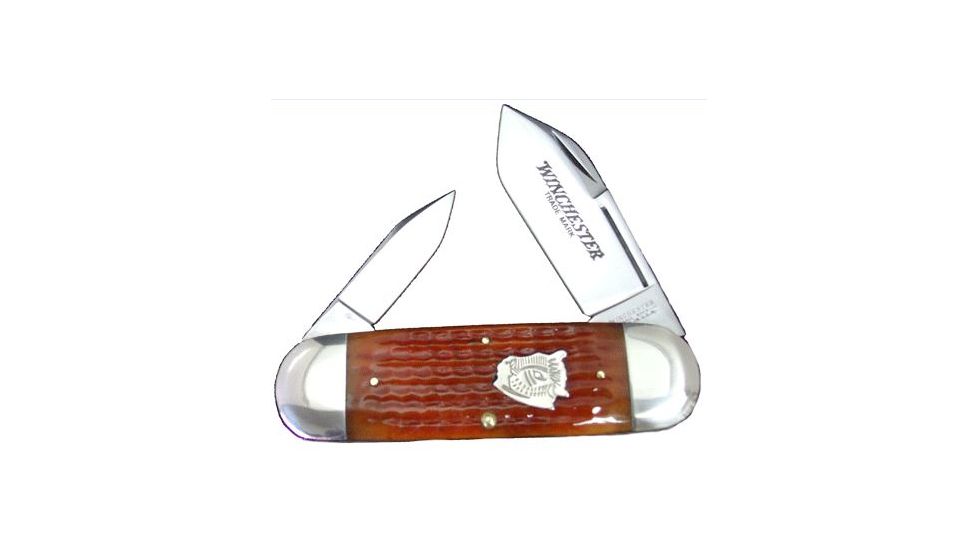 Winchester Knives 4 1/4in, 2 Blade Sunfish Pattern w/ Burnt Orange Bone Handle, Buffalo Shield W 18 29112 BH