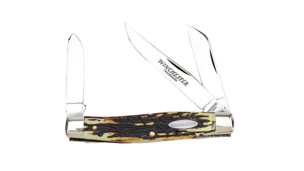 Winchester Knives 4in, 3 Blade Stockman w/ Stag Delrin Handle and Winchester Oval Stamped Shield, Box W 40 14086 B