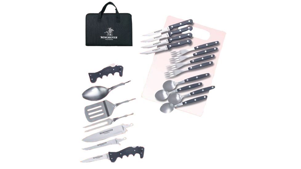 Winchester Knives Campers Kit,4 Forks,4 Serrated Steak Knives,4 Spoons,Cutting Board,6 Blades and Utensils w/ Nylon Bag W 40 14060