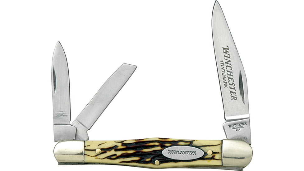 Winchester Whittler Imitation Stag Folding Knife, 3.5in Closed, Mirror SS Clip, Sheepsfoot, Pen Blades, Imitation Stag Handle, W 40 14070B
