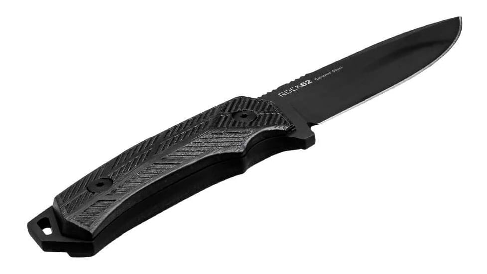 WOOX Rock 62 Fixed Blade Knife, 4.25 in, Drop Point, Mil-Spec Black, Sleipner Steel Blade, Engraved American Walnut Handle, Phantom Black, BU.KNF001.10