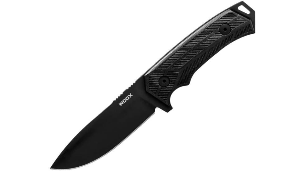 WOOX Rock 62 Fixed Blade Knife, 4.25 in, Drop Point, Mil-Spec Black, Sleipner Steel Blade, Engraved American Walnut Handle, Phantom Black, BU.KNF001.10