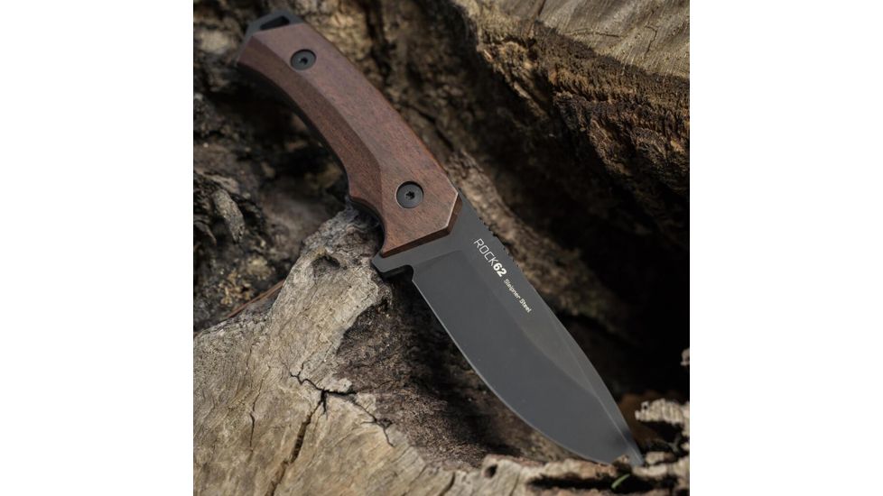 WOOX Rock 62 Fixed Blade Knife, 4.25 in, Drop Point, Mil-Spec Black, Sleipner Steel Blade, Plain American Walnut Handle, BU.KNF001.01