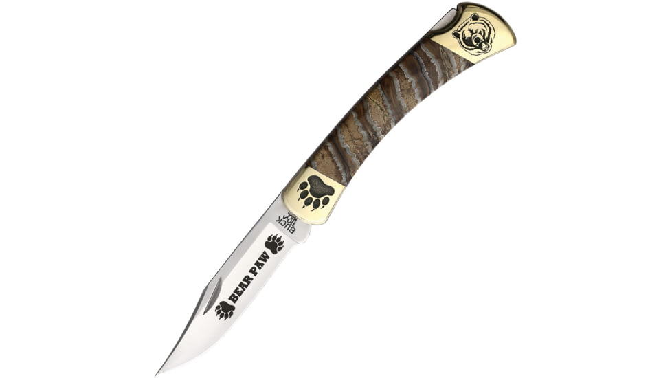 Yellowhorse Custom Buck 110 Folding Knife, 4.88in Closed, 3.75in Satin 420HC Stainless Clip Point Blade, Brown Mammoth Tooth Handle, YH431 110 MAMMOTH BEAR