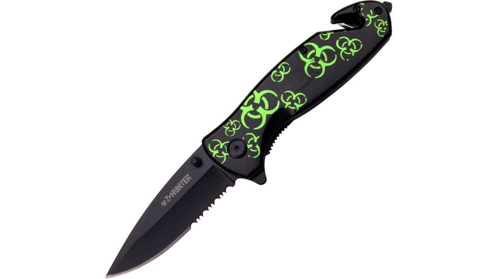 Z-Hunter Rescue Linerlock A/O Folding Knife,3.25in,Stainless Steel,Partially Serrated,Black,Aluminum Handle ZB104
